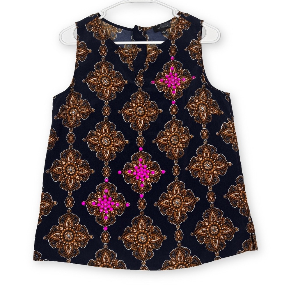 The Limited Navy Medallion Sleeveless Blouse Pink Beaded Top Small TN696875